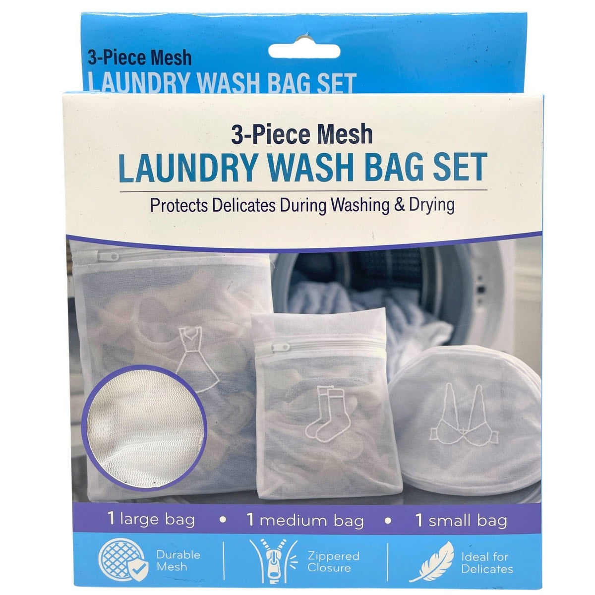 3 Piece Mesh Laundry Wash Bag Set with Zipper for Washing and Drying Machines