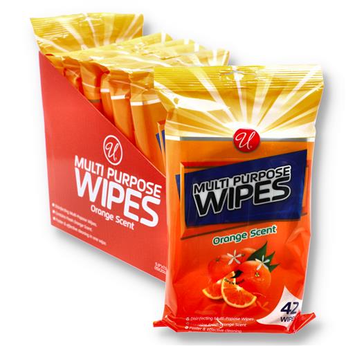Bulk case of 24 orange scented multi-purpose cleaning wipes packs with 42 wipes each for everyday household cleaning.