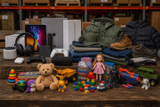Surplus inventory including electronics, outdoor gear and toys displayed in warehouse setting