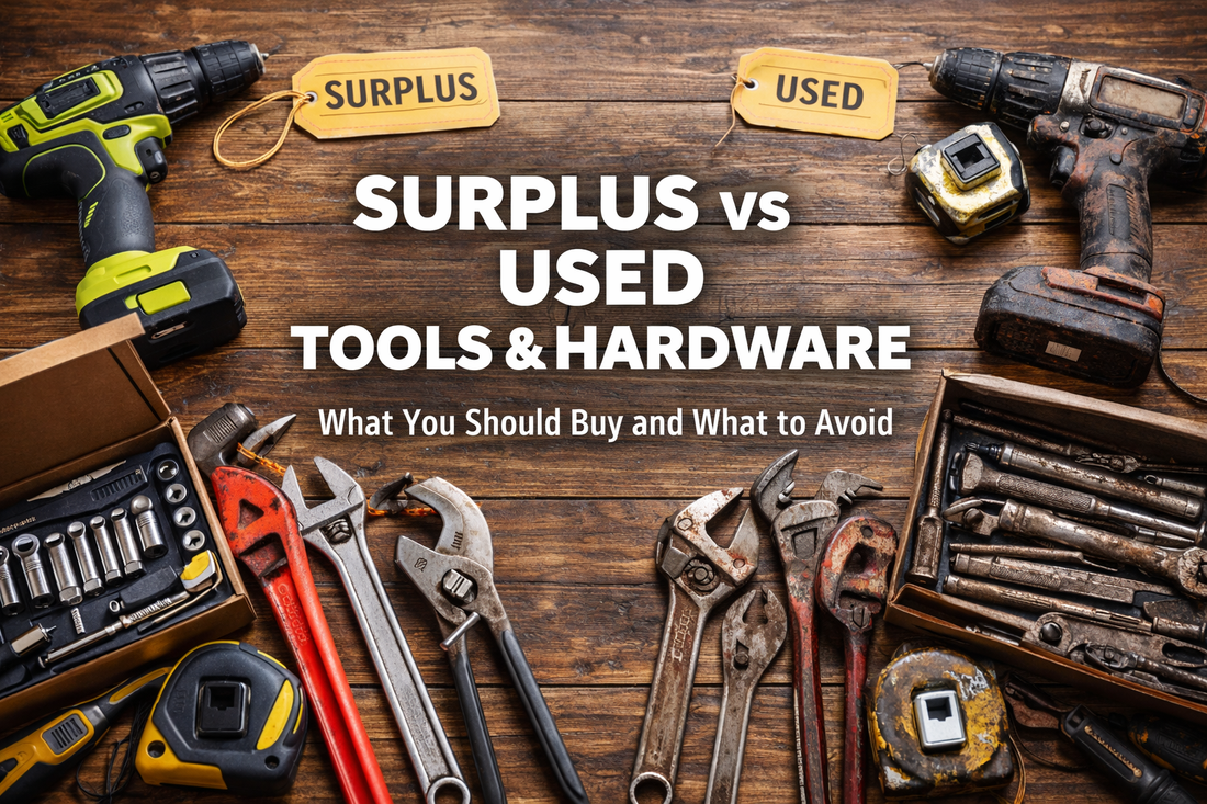 Comparison of surplus tools in like-new condition versus used tools showing wear, rust, and heavy use on a workbench