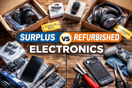 Comparison of surplus electronics in original packaging versus refurbished electronics showing wear and disassembled components
