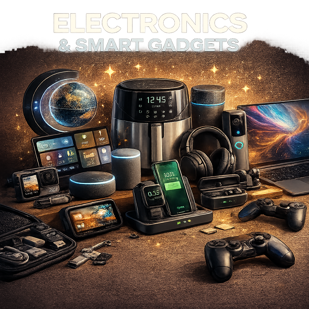 Electronics and smart gadgets including tech accessories, innovative devices, and surplus electronics