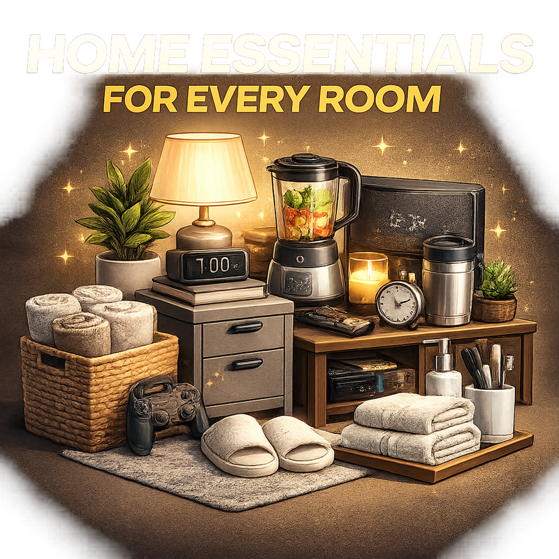 Home essentials for every room including bedroom, bathroom, home office, and entertainment items
