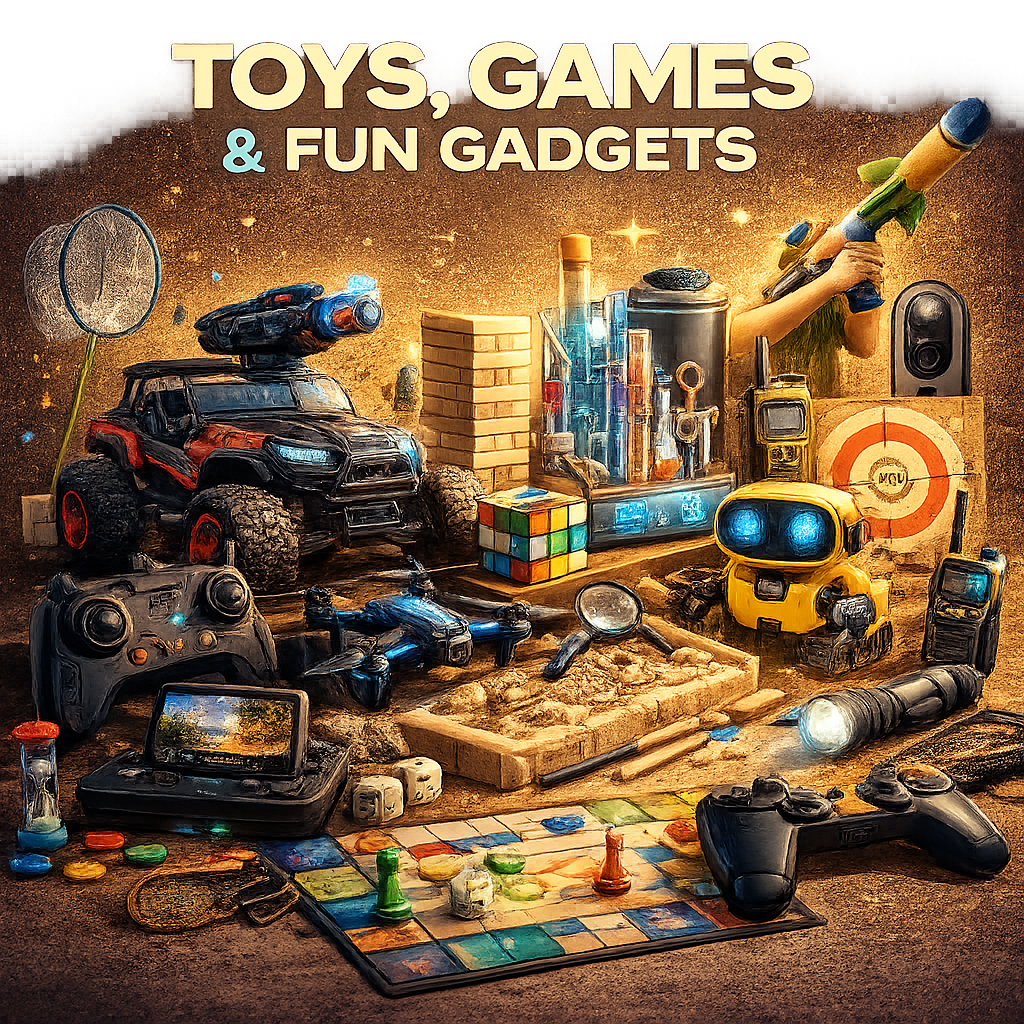 Toys, games, and fun gadgets including interactive play, educational toys, and novelty items