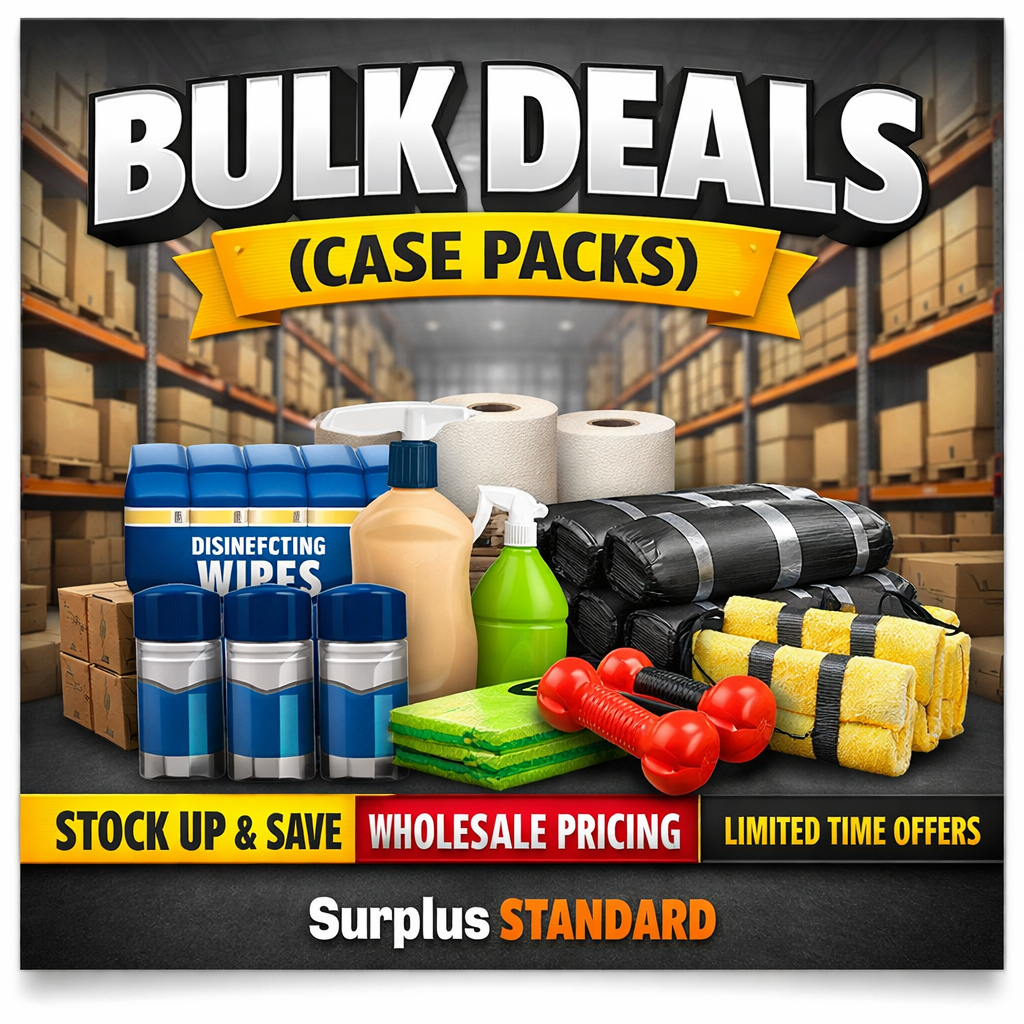 Surplus Standard Bulk Deals (Case Packs) collection banner featuring bulk household essentials like cleaning supplies, paper towels, and case pack savings.