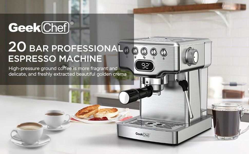Geek Chef 20 Bar Espresso Machine with Milk Frother – 1.8L, Stainless Steel