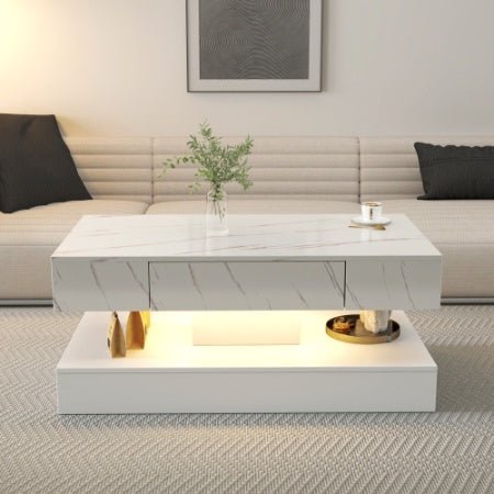 Modern LED Coffee Table with Storage Drawer (RGB Remote Lights, Black/White, 39.37")