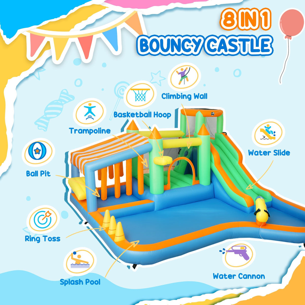 8-in-1 Inflatable Bounce House Water Slide (Backyard Wet & Dry Play Park)