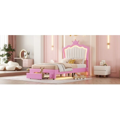 Twin Princess Bed Frame with Crown Headboard, LED Lights & Storage Drawer (Pink/White)