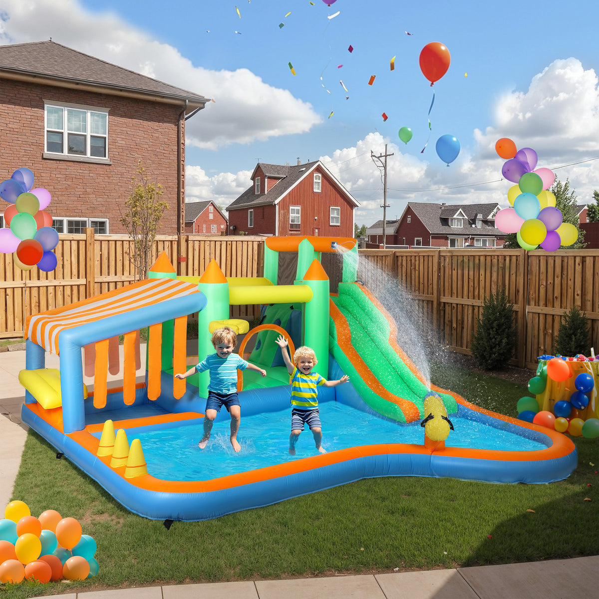 8-in-1 Inflatable Bounce House Water Slide (Backyard Wet & Dry Play Park)