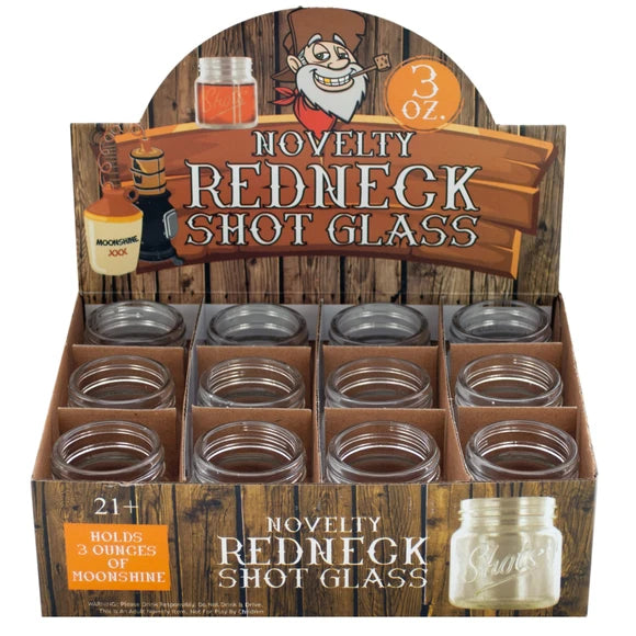 3 oz novelty Redneck mason jar shot glass 12 pack countertop display
