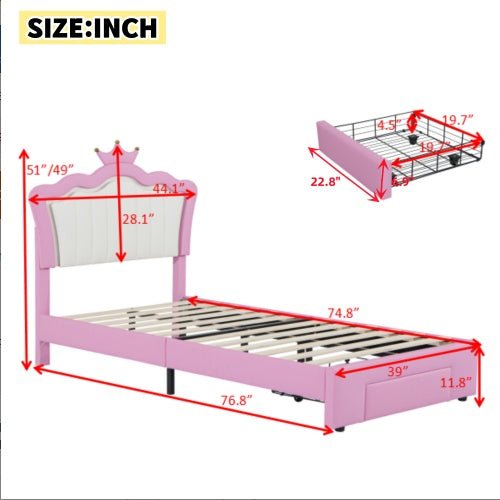 Twin Princess Bed Frame with Crown Headboard, LED Lights & Storage Drawer (Pink/White)
