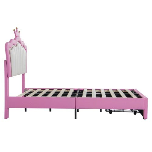 Twin Princess Bed Frame with Crown Headboard, LED Lights & Storage Drawer (Pink/White)