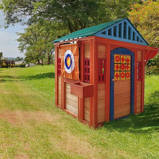 Eco-friendly Outdoor Wooden 4-in-1 Game House for kids garden playhouse with different games on every surface, Solid wood