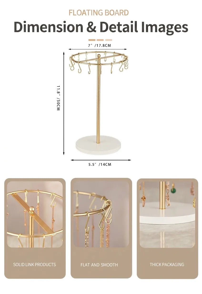 Gold-tone boutique necklace display stand with movable hooks and a light base