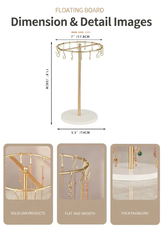 Gold-tone boutique necklace display stand with movable hooks and a light base