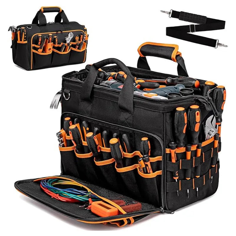 Black and orange 17-inch multi-pocket tool bag with shoulder strap