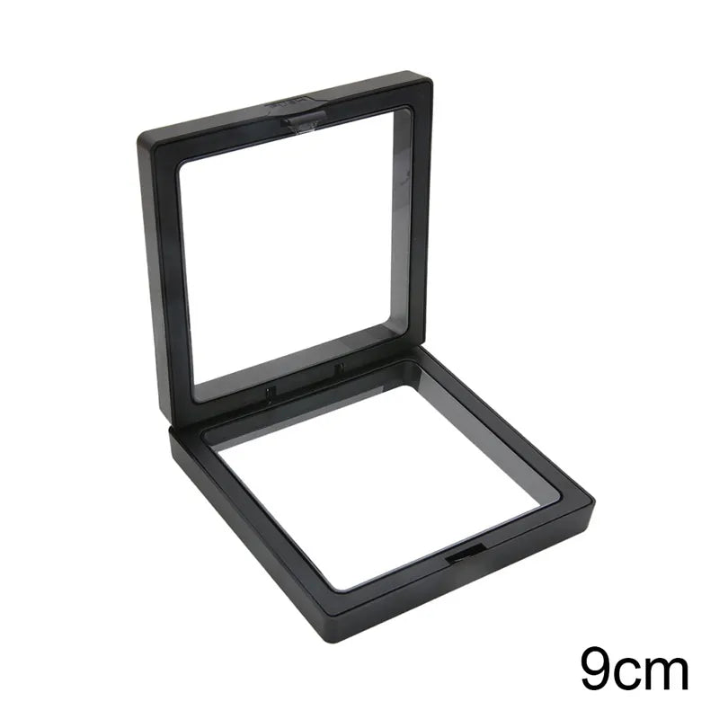 Black 9 cm square floating display cases with clear flexible film