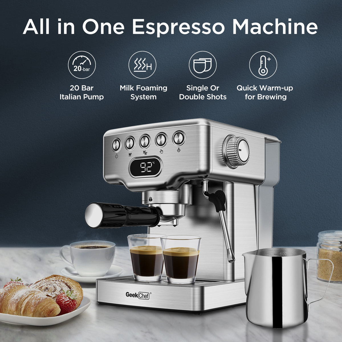 Geek Chef 20 Bar Espresso Machine with Milk Frother – 1.8L, Stainless Steel