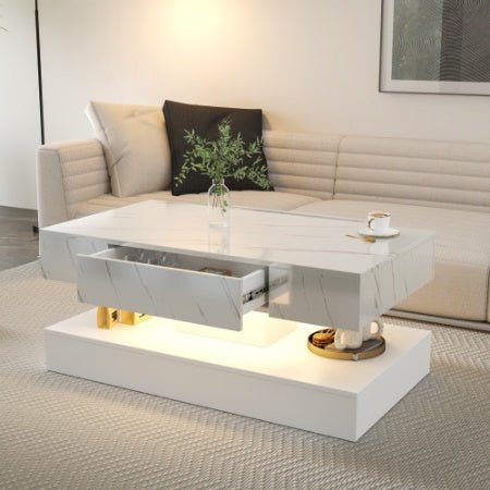 Modern LED Coffee Table with Storage Drawer (RGB Remote Lights, Black/White, 39.37")