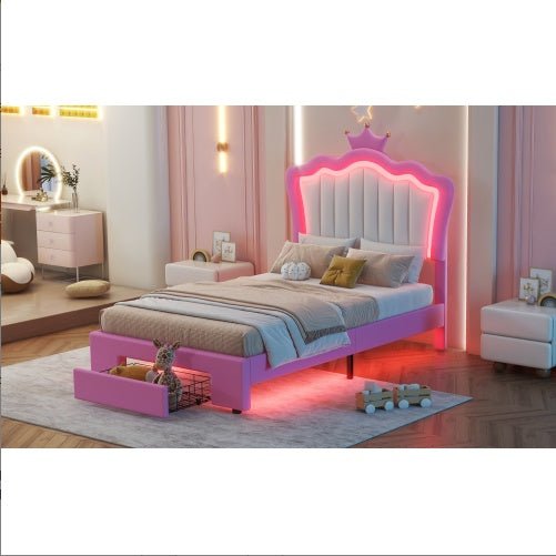 Twin Princess Bed Frame with Crown Headboard, LED Lights & Storage Drawer (Pink/White)