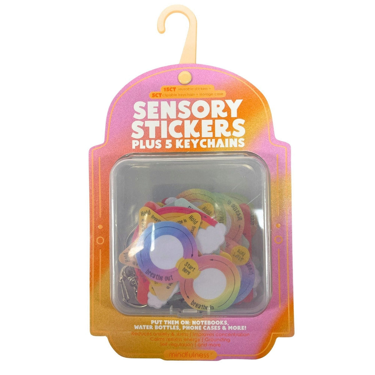 Mindfulness 30 Count Sensory Shape Stickers and 5 Keychains in Reusable Case