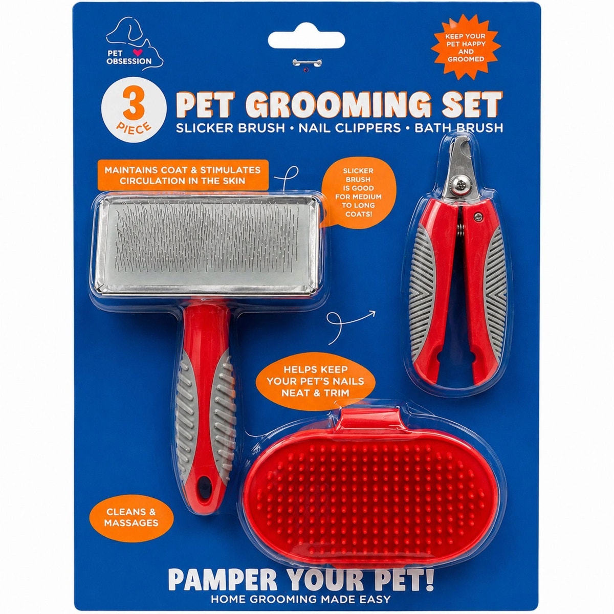Pet Obsession 3 Piece Pet Grooming Set with Slicker Brush Nail Clippers and Bath Brush in Assorted Colors