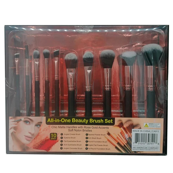 10 piece black and rose gold makeup brush set with soft nylon bristles