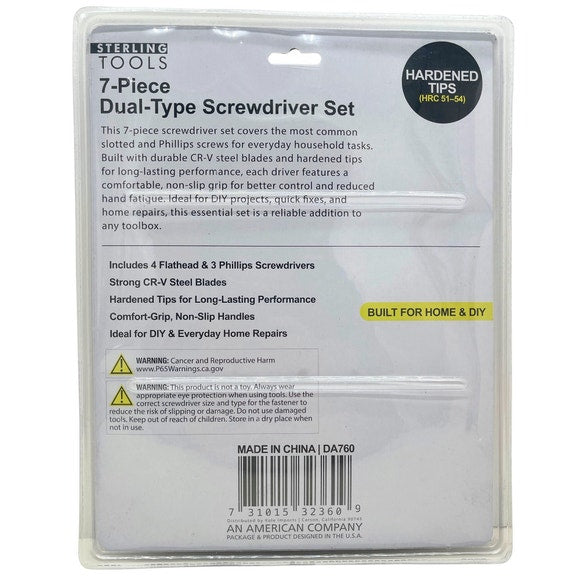 Retail packaging for the seven-piece screwdriver set
