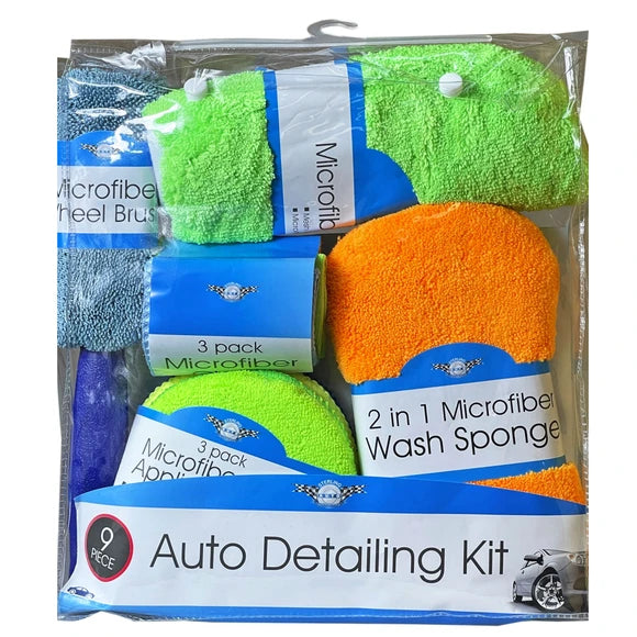 9 piece microfiber car cleaning kit with wash mitt sponge wax pads and cloths
