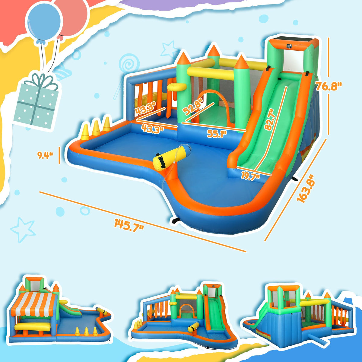 8-in-1 Inflatable Bounce House Water Slide (Backyard Wet & Dry Play Park)