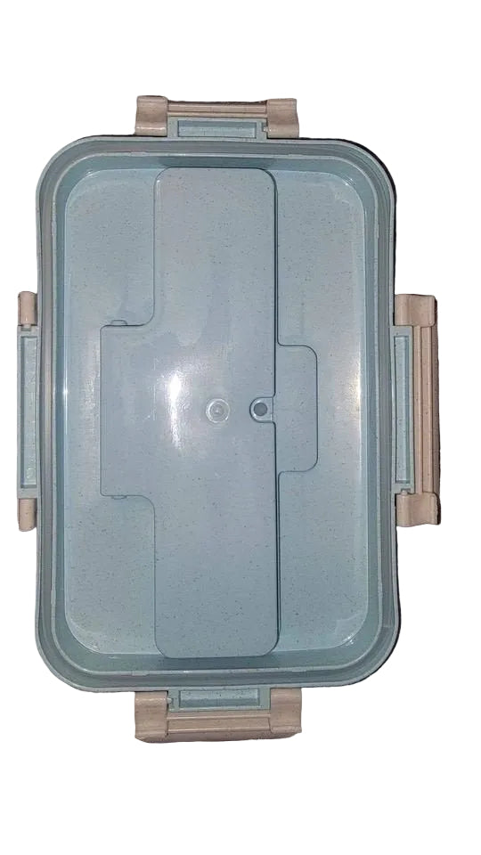 blue bento lunch box with leakproof locking lid and 3 compartment food container design