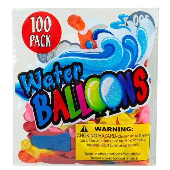Bulk water balloons 100-pack retail bags in assorted colors with warning label and display packaging