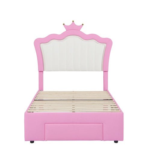 Twin Princess Bed Frame with Crown Headboard, LED Lights & Storage Drawer (Pink/White)