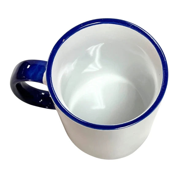 White ceramic mug with blue handle ideal for cafés, restaurants, and office breakrooms