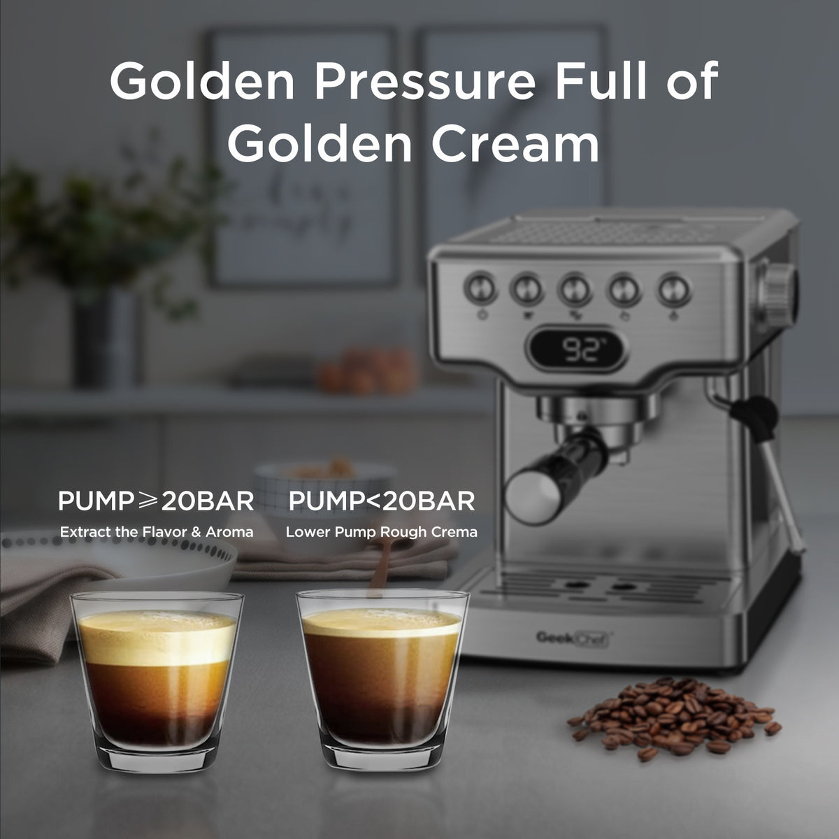 Geek Chef 20 Bar Espresso Machine with Milk Frother – 1.8L, Stainless Steel