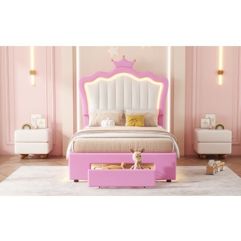 Twin Princess Bed Frame with Crown Headboard, LED Lights & Storage Drawer (Pink/White)