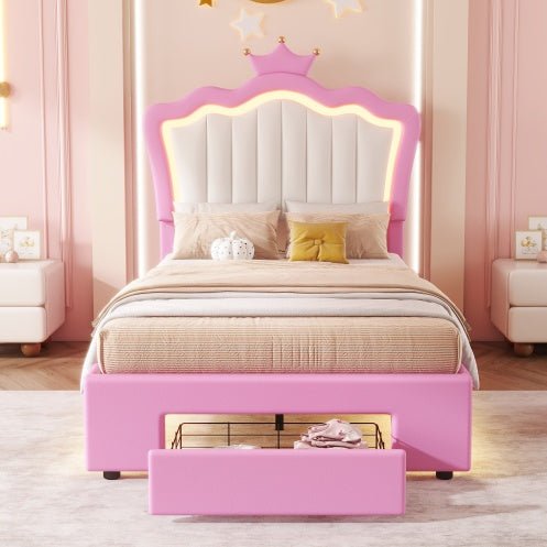 Twin Princess Bed Frame with Crown Headboard, LED Lights & Storage Drawer (Pink/White)