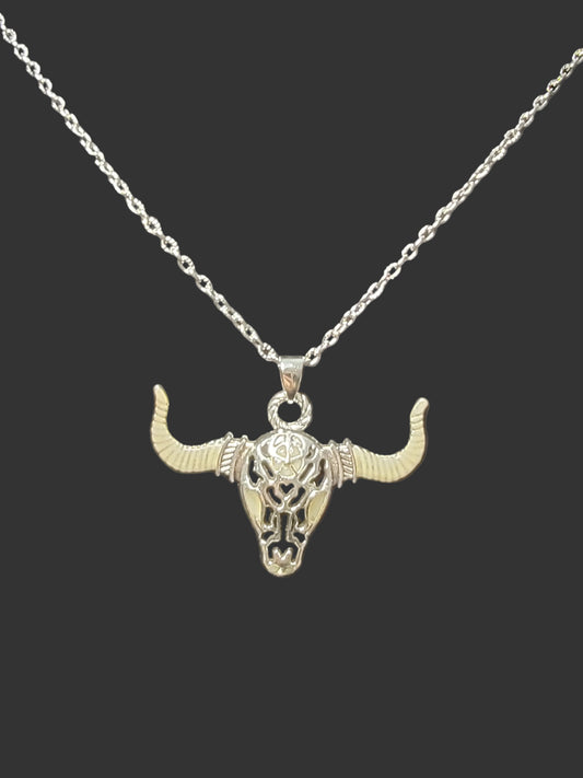 Fearless buffalo skull glow-in-the-dark silver pendant necklace symbolizing strength and perseverance