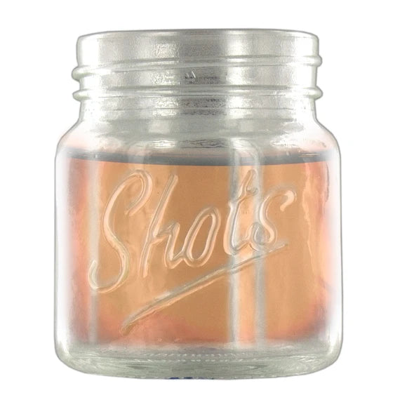 Mini mason jar shot glass with raised Shots lettering