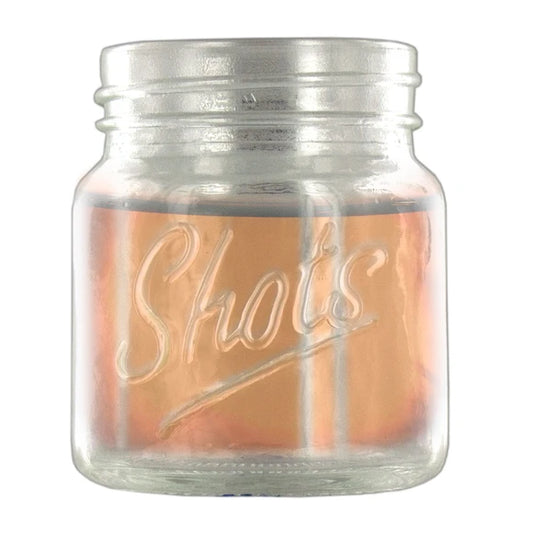 Mini mason jar shot glass with raised Shots lettering