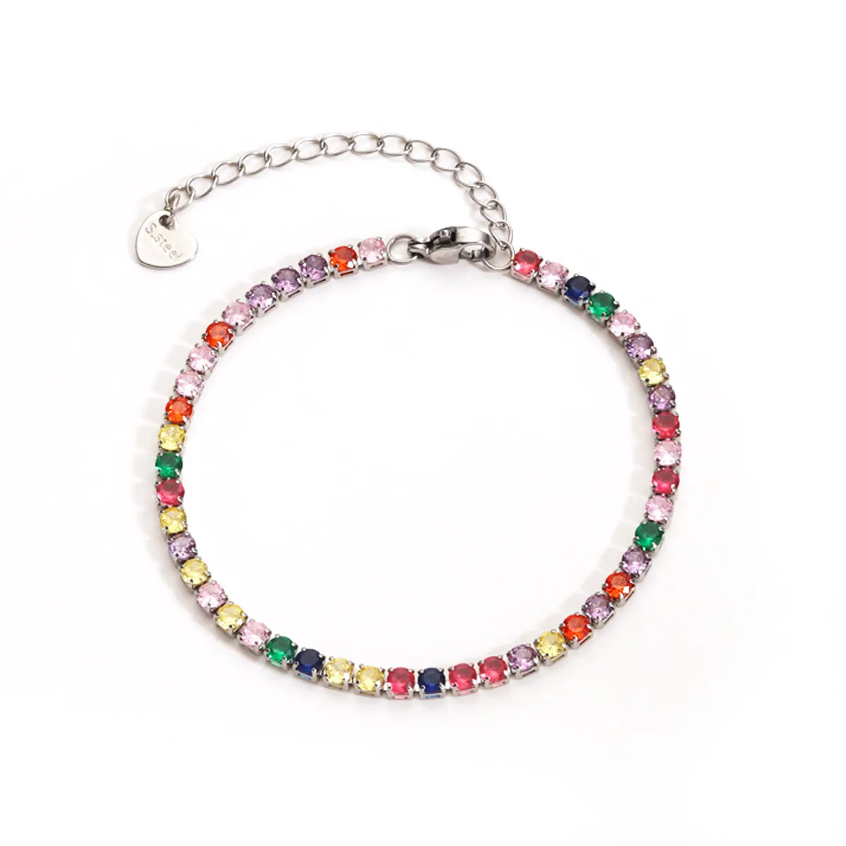 Multicolor cubic zirconia stainless steel tennis bracelet with adjustable heart charm