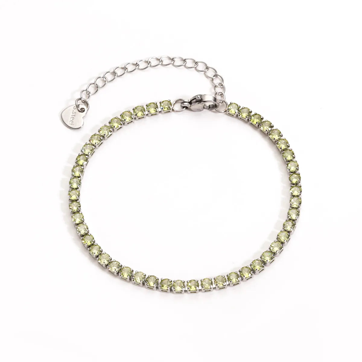 Olive green cubic zirconia stainless steel tennis bracelet with adjustable heart charm