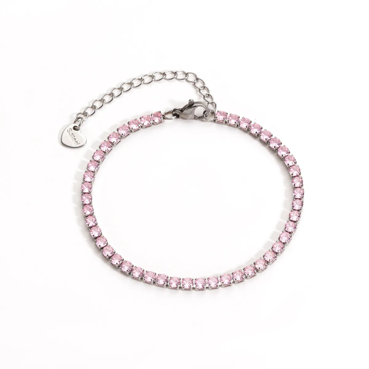 Pink cubic zirconia stainless steel tennis bracelet with adjustable heart charm