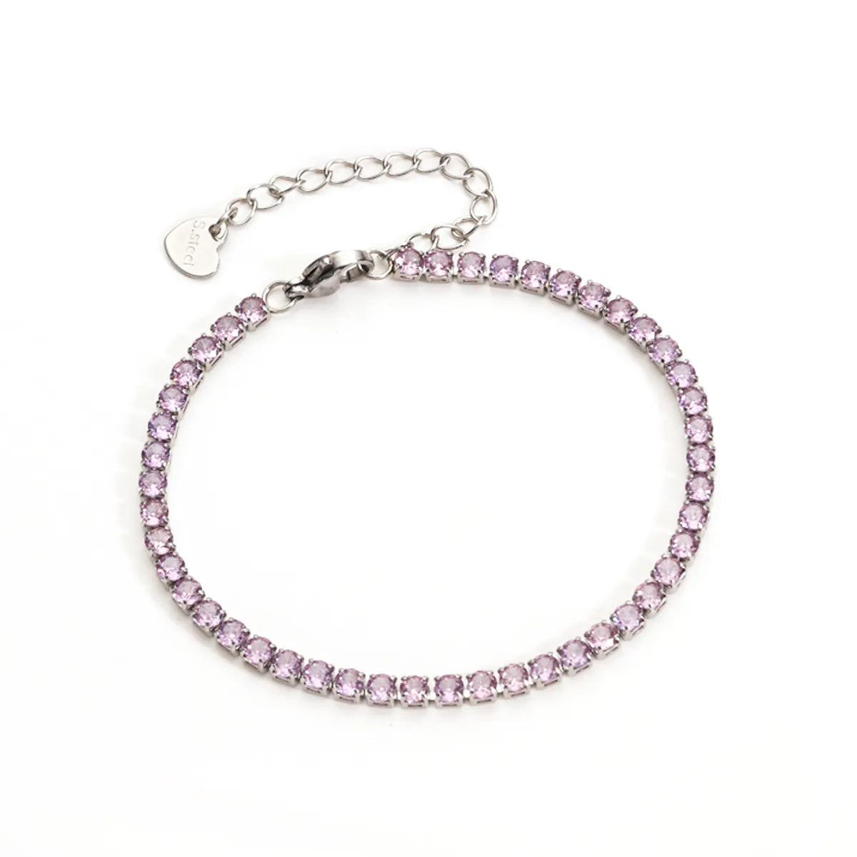 Purple cubic zirconia stainless steel tennis bracelet with adjustable heart charm