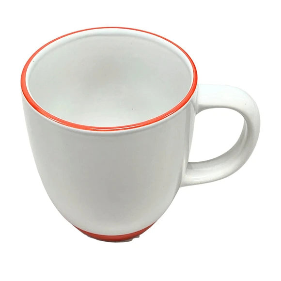 Classic 12oz bistro mug with bright orange trim and sturdy handle