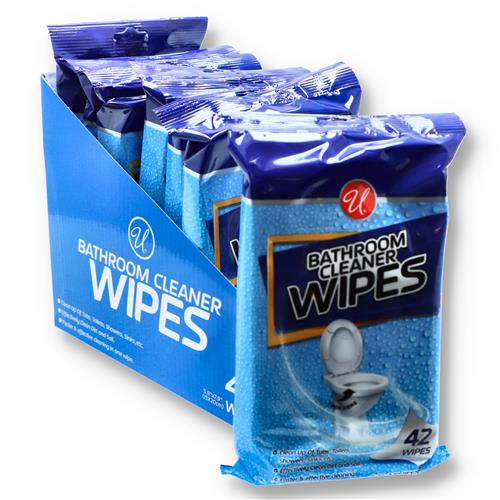Bulk case of 24 bathroom cleaning wipes packs with 42 wipes each for quick restroom surface cleaning.