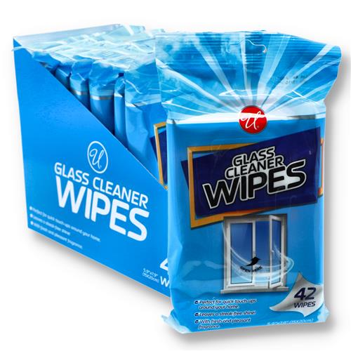 Bulk case of 24 glass cleaner wipes packs with 42 wipes each for streak-free window and mirror cleaning.