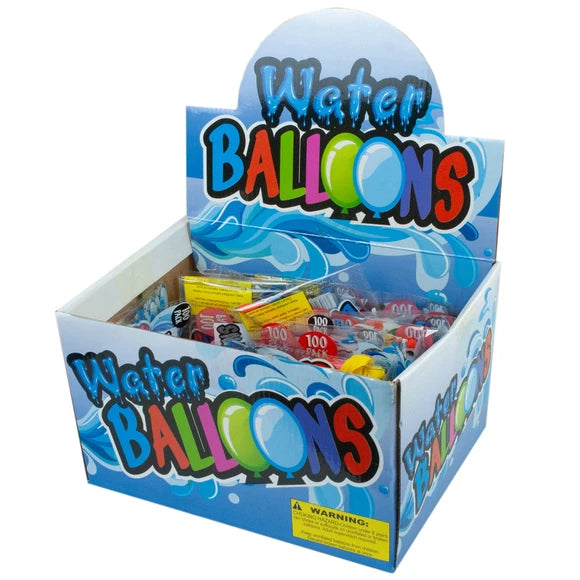 Case of 50 water balloon 100-packs with countertop display, 5,000 total assorted color balloons