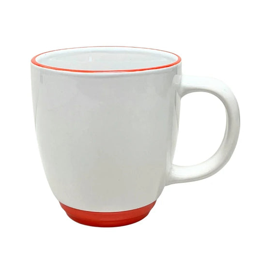 Blank white ceramic mug with orange rim and base ready for a custom design